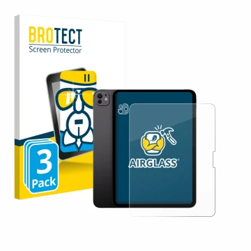 Face avant d’un emballage produit avec le logo de la marque BROTECT. À côté, l’appareil Apple iPad Pro 13