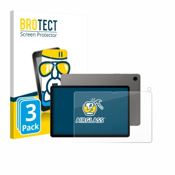 Face avant d’un emballage produit avec le logo de la marque BROTECT. À côté, l’appareil Samsung Galaxy Tab S9 FE (Avant+Caméra