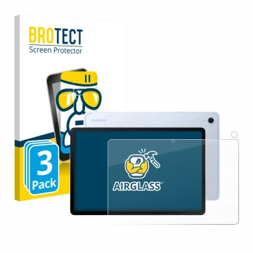 Face avant d’un emballage produit avec le logo de la marque BROTECT. À côté, l’appareil Samsung Galaxy Tab S10 FE (Avant+Camér