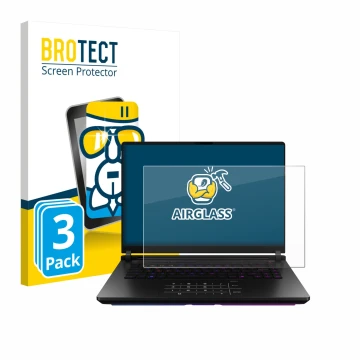 Face avant d’un emballage produit avec le logo de la marque BROTECT. À côté, l’appareil ASUS ROG Strix SCAR 18 2025 est représ