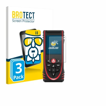 Face avant d’un emballage produit avec le logo de la marque BROTECT. À côté, l’appareil Leica DISTO X3 est représenté avec la 