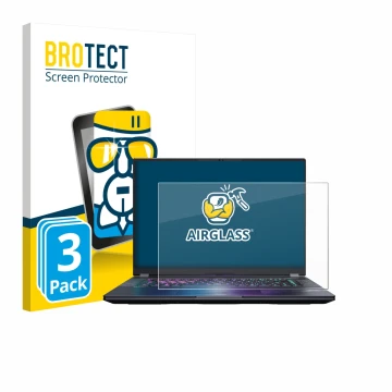 Face avant d’un emballage produit avec le logo de la marque BROTECT. À côté, l’appareil Gigabyte AORUS Elite 16 2025 est repré