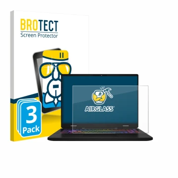 Face avant d’un emballage produit avec le logo de la marque BROTECT. À côté, l’appareil MSI Vector 16 HX AI est représenté ave