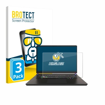 Face avant d’un emballage produit avec le logo de la marque BROTECT. À côté, l’appareil MSI Vector 17 HX est représenté avec l