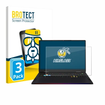Face avant d’un emballage produit avec le logo de la marque BROTECT. À côté, l’appareil MSI Raider 18 HX AI 2025 est représent