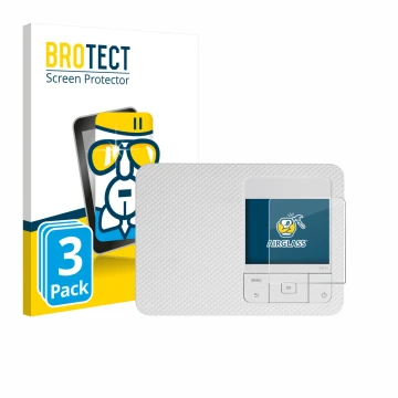 Face avant d’un emballage produit avec le logo de la marque BROTECT. À côté, l’appareil Canon Selphy CP1500 Mini est représent