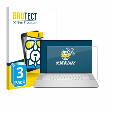 Face avant d’un emballage produit avec le logo de la marque BROTECT. À côté, l’appareil Dell 16 Premium Laptop est représenté 