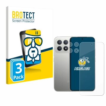 Face avant d’un emballage produit avec le logo de la marque BROTECT. À côté, l’appareil Xiaomi Poco F8 Pro 5G (Avant+Caméra) e