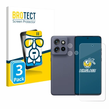 Face avant d’un emballage produit avec le logo de la marque BROTECT. À côté, l’appareil Motorola Edge 60 Neo (Avant+Caméra) es