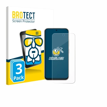 Face avant d’un emballage produit avec le logo de la marque BROTECT. À côté, l’appareil Nubia V80 Pro est représenté avec la p