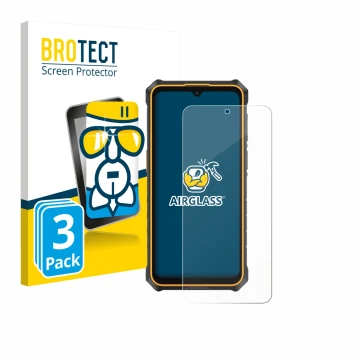 Face avant d’un emballage produit avec le logo de la marque BROTECT. À côté, l’appareil Ulefone RugKing 3 Pro est représenté a