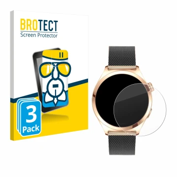 Face avant d’un emballage produit avec le logo de la marque BROTECT. À côté, l’appareil Niolina Smartwatch 1.27