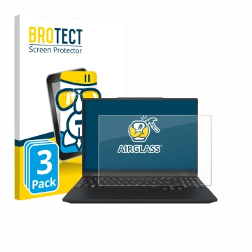 Face avant d’un emballage produit avec le logo de la marque BROTECT. À côté, l’appareil Tuxedo InfinityBook Max 15 Gen 10 est 