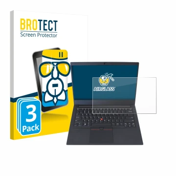 Face avant d’un emballage produit avec le logo de la marque BROTECT. À côté, l’appareil Lenovo ThinkPad E14 Gen 1 est représen