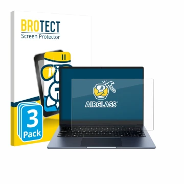 Face avant d’un emballage produit avec le logo de la marque BROTECT. À côté, l’appareil Chuwi CoreBook Air 14