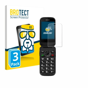 Face avant d’un emballage produit avec le logo de la marque BROTECT. À côté, l’appareil Simvalley Mobile XL-970 est représenté