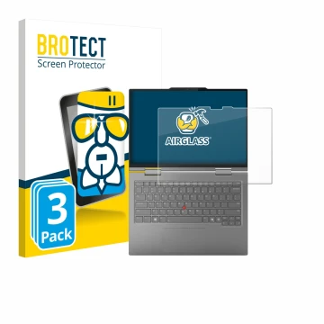 Face avant d’un emballage produit avec le logo de la marque BROTECT. À côté, l’appareil Lenovo ThinkPad X1 2-in-1 Gen 10 Aura 