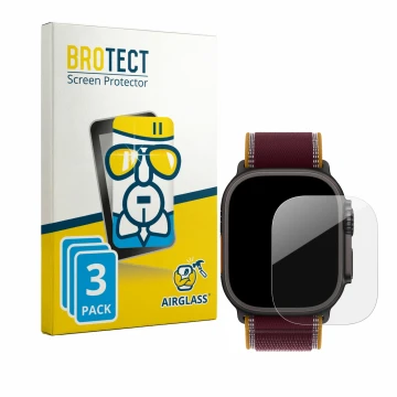 Face avant d’un emballage produit avec le logo de la marque BROTECT. À côté, l’appareil Apple Watch Ultra 4 (49 mm) est représ