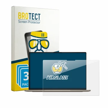 Face avant d’un emballage produit avec le logo de la marque BROTECT. À côté, l’appareil Dell XPS Googlebook est représenté ave