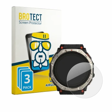 Face avant d’un emballage produit avec le logo de la marque BROTECT. À côté, l’appareil Huami Amazfit T-Rex Dual Solar est rep