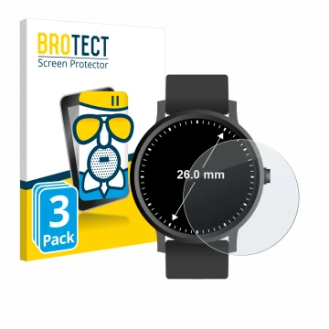 Face avant d’un emballage produit avec le logo de la marque BROTECT. À côté, l’appareil Montres (Circulaire, ø: 26 mm) est rep