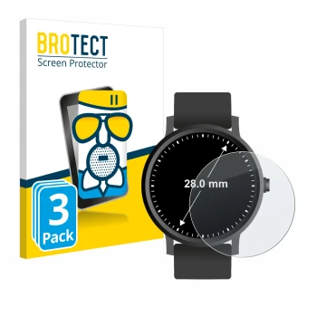 Face avant d’un emballage produit avec le logo de la marque BROTECT. À côté, l’appareil Montres (Circulaire, ø: 28 mm) est rep