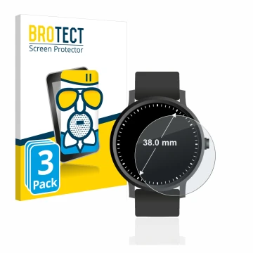 Face avant d’un emballage produit avec le logo de la marque BROTECT. À côté, l’appareil Montres (Circulaire, ø: 38 mm) est rep