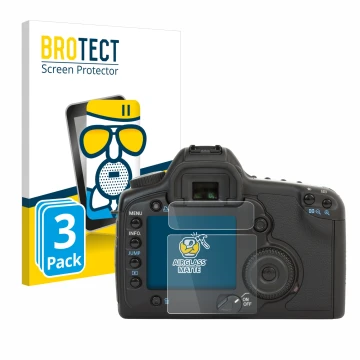 Face avant d’un emballage produit avec le logo de la marque BROTECT. À côté, l’appareil Canon EOS 5D est représenté avec la pr