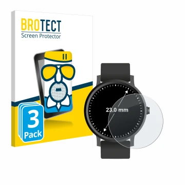 Face avant d’un emballage produit avec le logo de la marque BROTECT. À côté, l’appareil Montres (Circulaire, ø: 23 mm) est rep