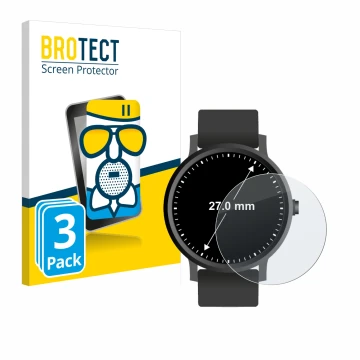 Face avant d’un emballage produit avec le logo de la marque BROTECT. À côté, l’appareil Montres (Circulaire, ø: 27 mm) est rep