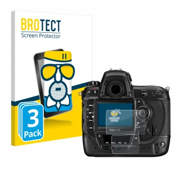 Face avant d’un emballage produit avec le logo de la marque BROTECT. À côté, l’appareil Nikon D3 est représenté avec la protec