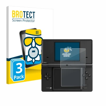 Face avant d’un emballage produit avec le logo de la marque BROTECT. À côté, l’appareil Nintendo DSi est représenté avec la pr
