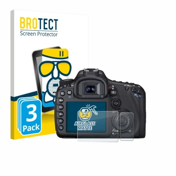 Face avant d’un emballage produit avec le logo de la marque BROTECT. À côté, l’appareil Canon EOS 7D est représenté avec la pr