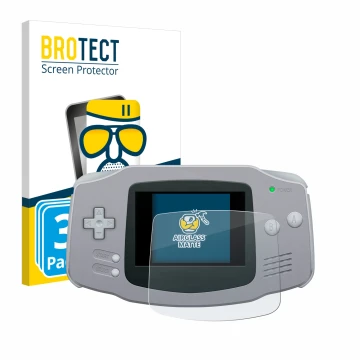 Face avant d’un emballage produit avec le logo de la marque BROTECT. À côté, l’appareil Nintendo Gameboy Advance GBA est repré