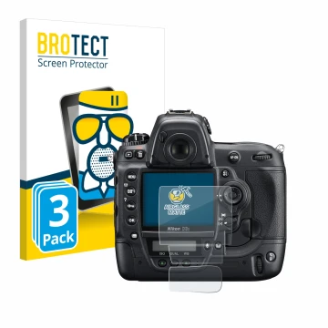 Face avant d’un emballage produit avec le logo de la marque BROTECT. À côté, l’appareil Nikon D3S est représenté avec la prote