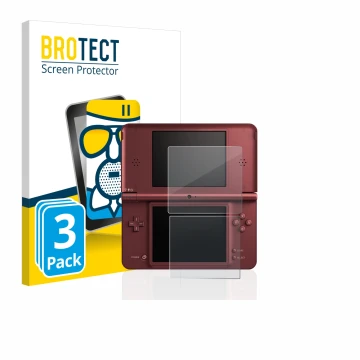 Face avant d’un emballage produit avec le logo de la marque BROTECT. À côté, l’appareil Nintendo DSi XL est représenté avec la