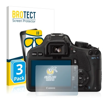 Face avant d’un emballage produit avec le logo de la marque BROTECT. À côté, l’appareil Canon EOS 550D est représenté avec la 