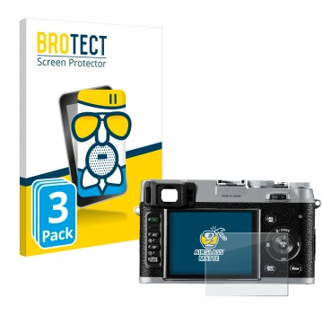 Face avant d’un emballage produit avec le logo de la marque BROTECT. À côté, l’appareil Fujifilm FinePix X100 est représenté a