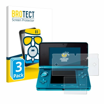 Face avant d’un emballage produit avec le logo de la marque BROTECT. À côté, l’appareil Nintendo 3DS est représenté avec la pr