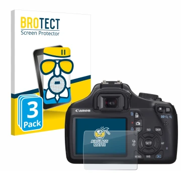 Face avant d’un emballage produit avec le logo de la marque BROTECT. À côté, l’appareil Canon EOS 1100D est représenté avec la
