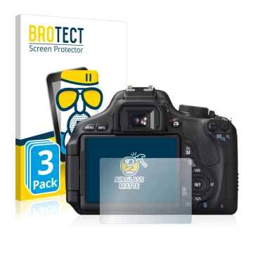 Face avant d’un emballage produit avec le logo de la marque BROTECT. À côté, l’appareil Canon EOS 600D est représenté avec la 