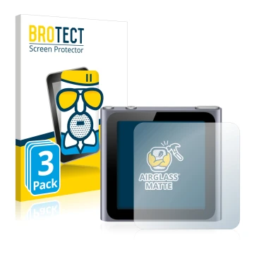 Face avant d’un emballage produit avec le logo de la marque BROTECT. À côté, l’appareil Apple iPod nano 2011 (6ème Gen.) est r