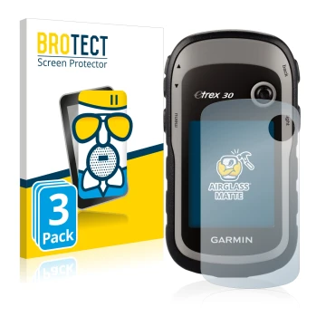 Face avant d’un emballage produit avec le logo de la marque BROTECT. À côté, l’appareil Garmin eTrex 30 est représenté avec la