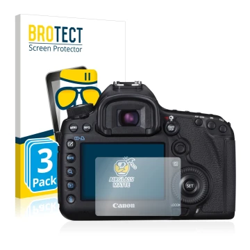 Face avant d’un emballage produit avec le logo de la marque BROTECT. À côté, l’appareil Canon EOS 5D Mark III est représenté a