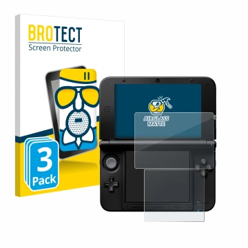 Face avant d’un emballage produit avec le logo de la marque BROTECT. À côté, l’appareil Nintendo 3DS XL SPM7800 est représenté