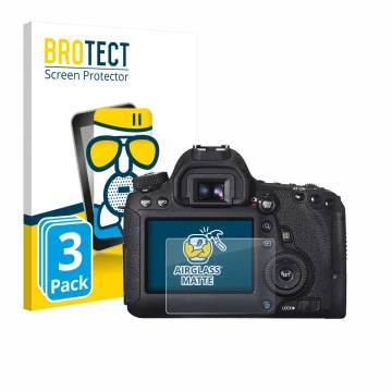 Face avant d’un emballage produit avec le logo de la marque BROTECT. À côté, l’appareil Canon EOS 6D est représenté avec la pr