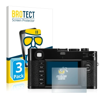 Face avant d’un emballage produit avec le logo de la marque BROTECT. À côté, l’appareil Leica M (Typ 240) est représenté avec 
