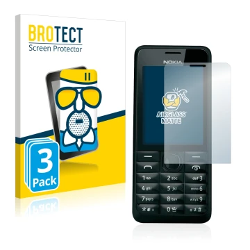 Face avant d’un emballage produit avec le logo de la marque BROTECT. À côté, l’appareil Nokia 301 est représenté avec la prote
