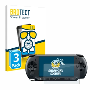 Face avant d’un emballage produit avec le logo de la marque BROTECT. À côté, l’appareil Sony PSP 1004 est représenté avec la p