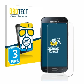 Face avant d’un emballage produit avec le logo de la marque BROTECT. À côté, l’appareil Samsung Galaxy S4 Mini est représenté 